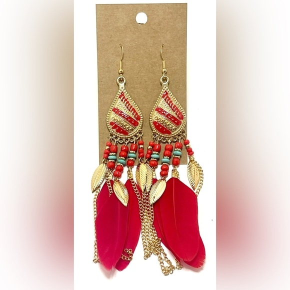 Independent Jewelry - NEW! Boho Dangle Feather Earrings with Chains and Enamel Accents.​
